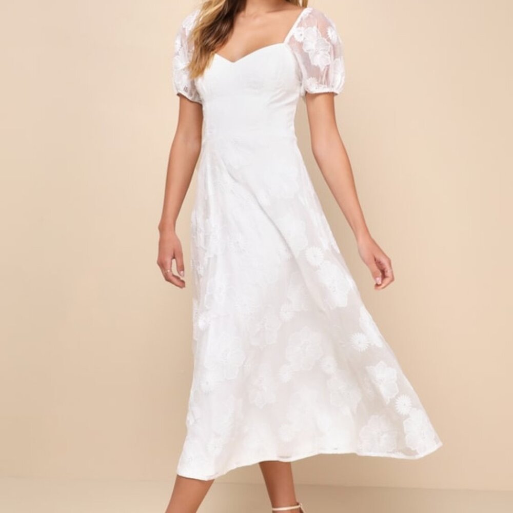 Lulus Sweetest Behavior White Embroidered Puff Sleeve Midi Dress - Size M
